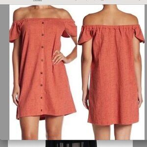 Madewell Burnt Orange Button Front Off-the-Shoulder Textured Dress